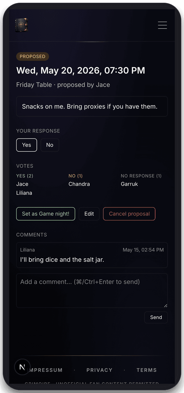 Grimoire's Game Nights detail page. A proposal for an upcoming Wednesday with two yes RSVPs, one no, and one no-response. A short comment from a member sits below the RSVPs.