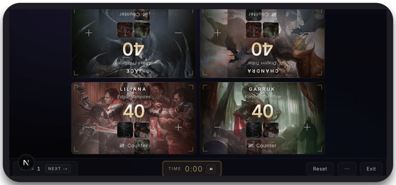 Grimoire's life tracker showing four Commander player tiles. Each tile has commander card art behind a large life total, a color-identity glow below, and one player at low life with commander-damage pips lit. A commander-damage popover is open.