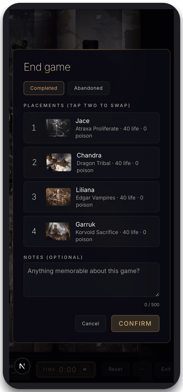 Grimoire's end-game placement screen. The winner sits at the top in gold; three runner-up placements are listed below. A note field sits beneath the placements, awaiting one line of text.